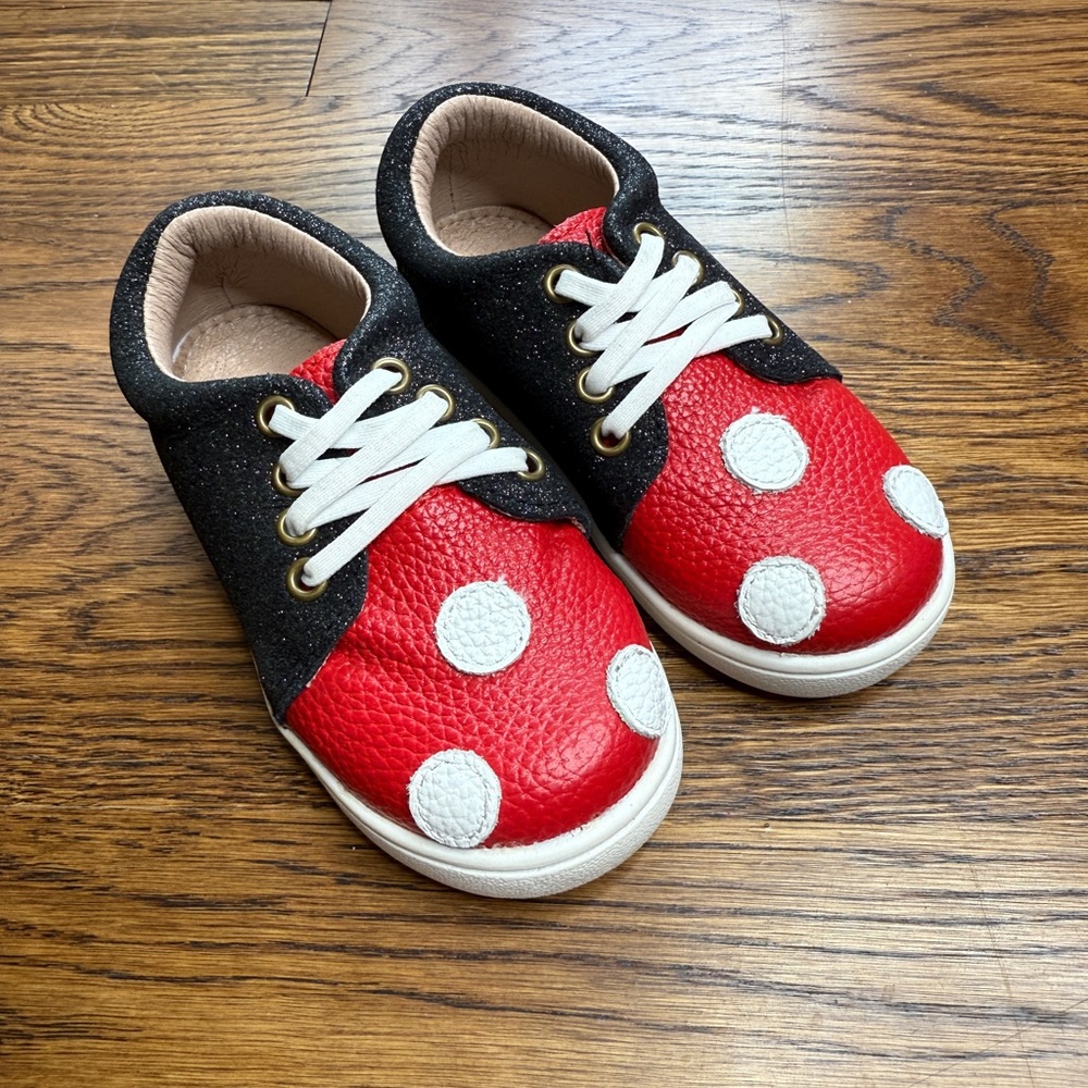 Minnie Mouse Girls Glitter Red and Black Polka Dot Slip On Sneakers Size 18-24 M